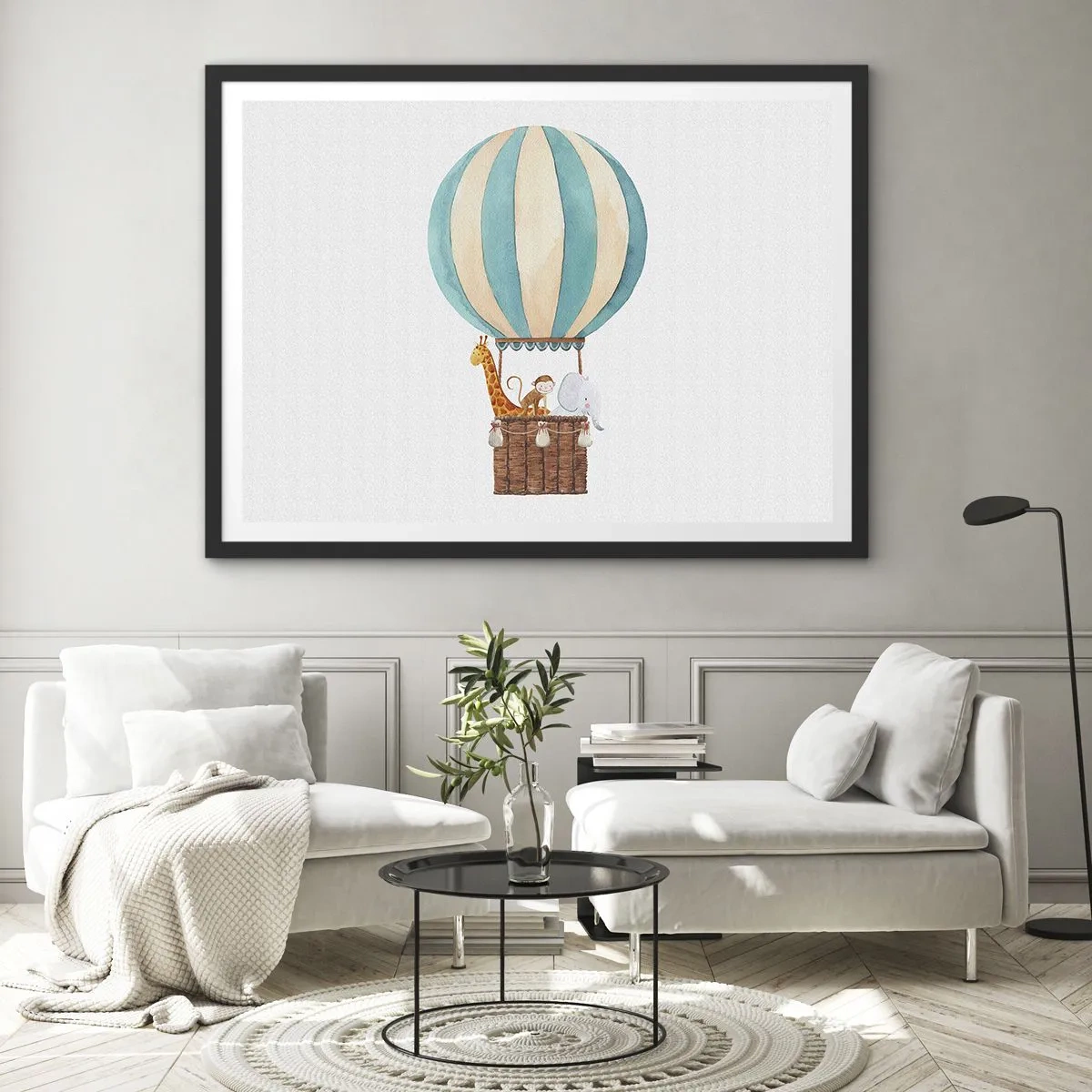 Affiche dans un cadre noir - Poster - Un ballon avec des animaux mignons aux couleurs pastel - 100x70cm - Voyage fantastique - Décoration murale moderne pour le salon et la chambre ARTTOR