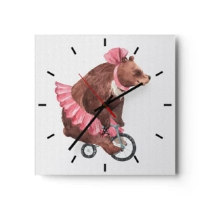 Horloge murale - Pendule murale - Un ours en peluche dans une jupe rose sur un vélo de style rétro - 30x30cm - Quel cirque ! - Décoration murale moderne pour le salon et la chambre ARTTOR