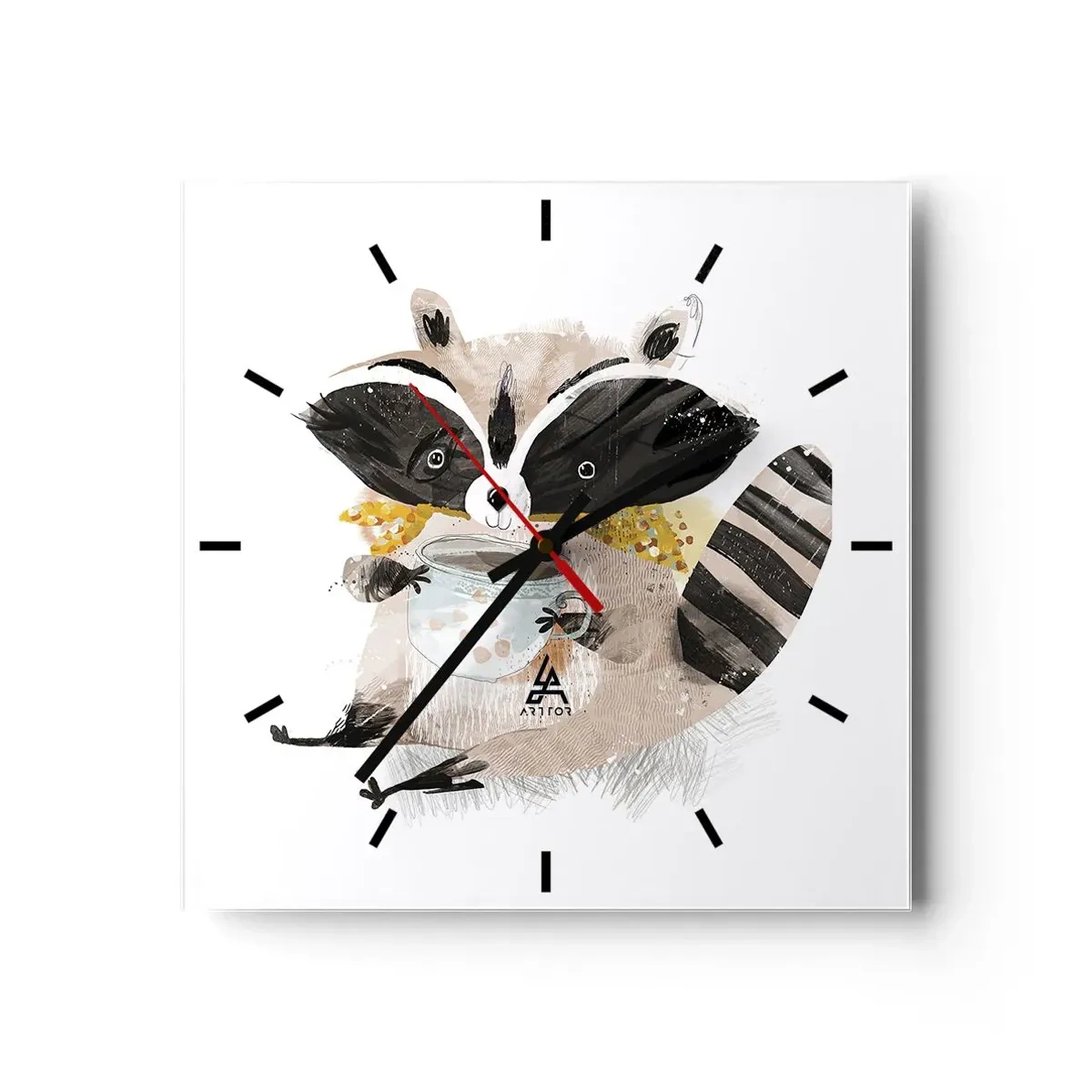 Horloge murale - Pendule murale - Adorable raton laveur tenant une tasse de couleur pastel - 30x30cm - Mon ami le raton laveur - Décoration murale moderne pour le salon et la chambre ARTTOR