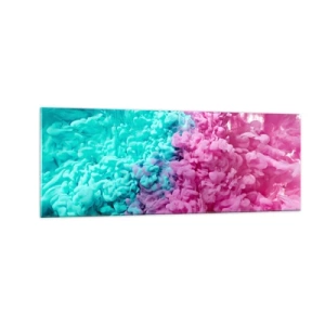 Impression sur verre - Image sur verre - Vagues colorées de turquoise et de rose dans une forme abstraite - 140x50cm - Rencontre finale - Décoration murale moderne pour le salon et la chambre ARTTOR