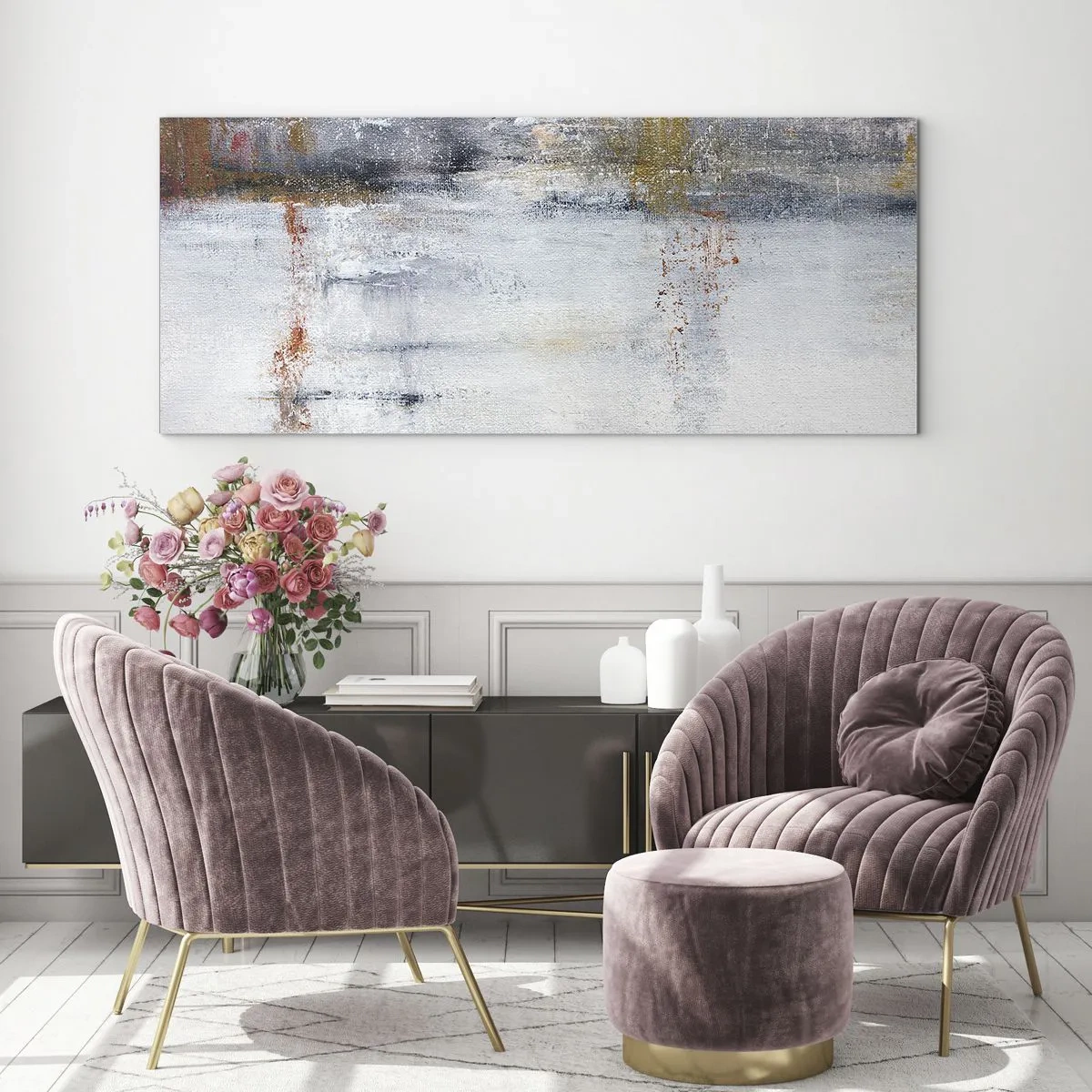 Impression sur verre - Image sur verre - Un paysage abstrait aux accents flous de gris et d'or. - 140x50cm - Derrière l'air un rideau - Décoration murale moderne pour le salon et la chambre ARTTOR