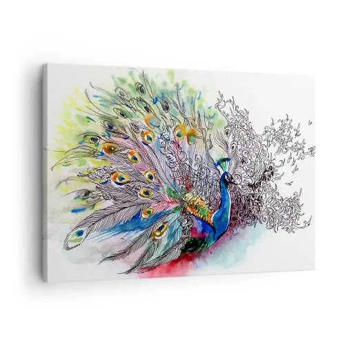 Impression sur toile - Image sur toile - Un paon dans un style aquarelle coloré avec des plumes abstraites - 70x50cm - Avec fierté contre la grisaille - Décoration murale moderne pour le salon et la chambre ARTTOR