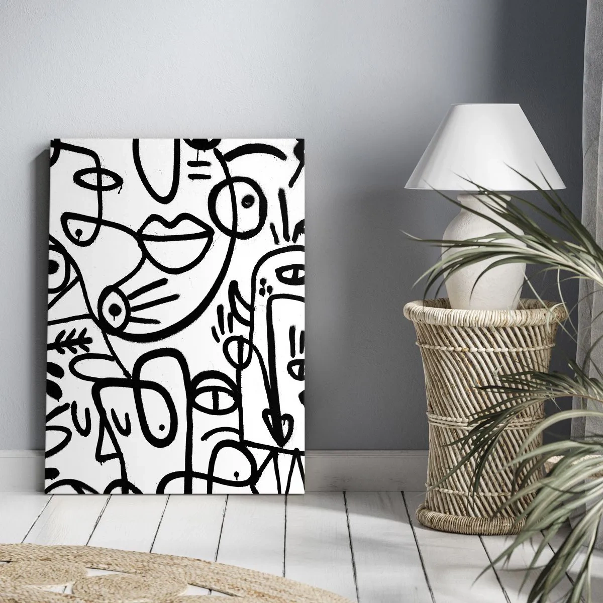 Impression sur toile - Image sur toile - Dessins abstraits en noir et blanc avec des motifs faciaux - 50x70cm - Visages et mirages - Décoration murale moderne pour le salon et la chambre ARTTOR