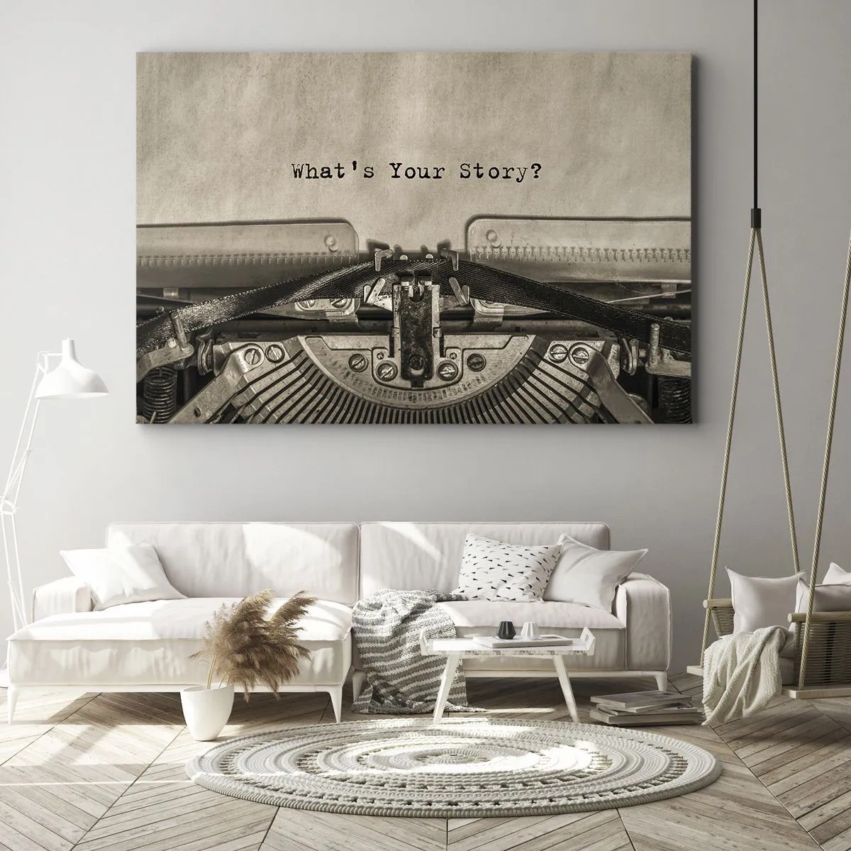 Impression sur toile - Image sur toile - Une machine à écrire avec les mots « Quelle est votre histoire ? » - 70x50cm - Réponds-moi - Décoration murale moderne pour le salon et la chambre ARTTOR