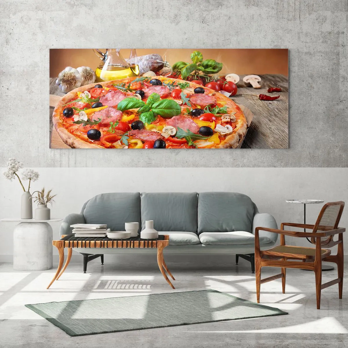Impression sur verre - Image sur verre - Pizza appétissante sur une table en bois avec garnitures - 140x50cm - Avec une vraie saveur italienne - Décoration murale moderne pour le salon et la chambre ARTTOR