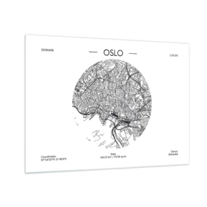 Impression sur verre - Image sur verre - Plan de la ville d'Oslo en style graphique noir et blanc - 70x50cm - Anatomie d’Oslo - Décoration murale moderne pour le salon et la chambre ARTTOR