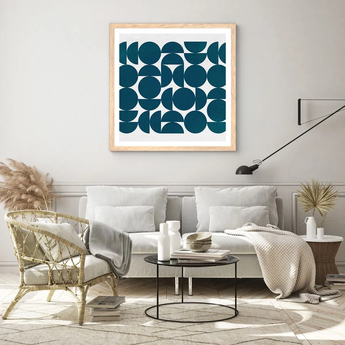 Affiche dans un chêne clair - Poster - Cercles et demi-cercles - 50x50 cm