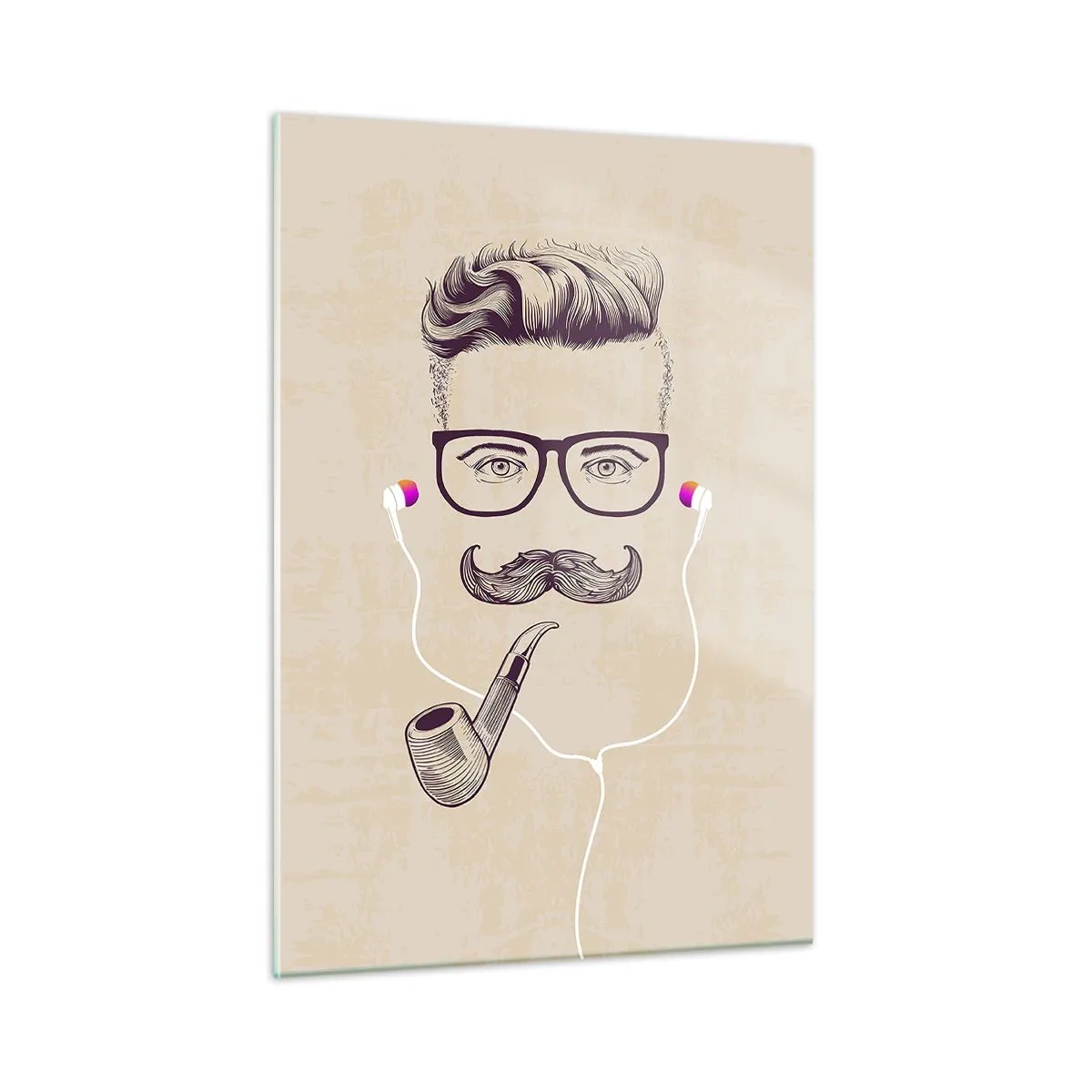 Impression sur verre - Image sur verre - Un dessin d'un homme stylisé avec des lunettes, une moustache et une pipe. - 50x70cm - Un vrai homme? - Décoration murale moderne pour le salon et la chambre ARTTOR