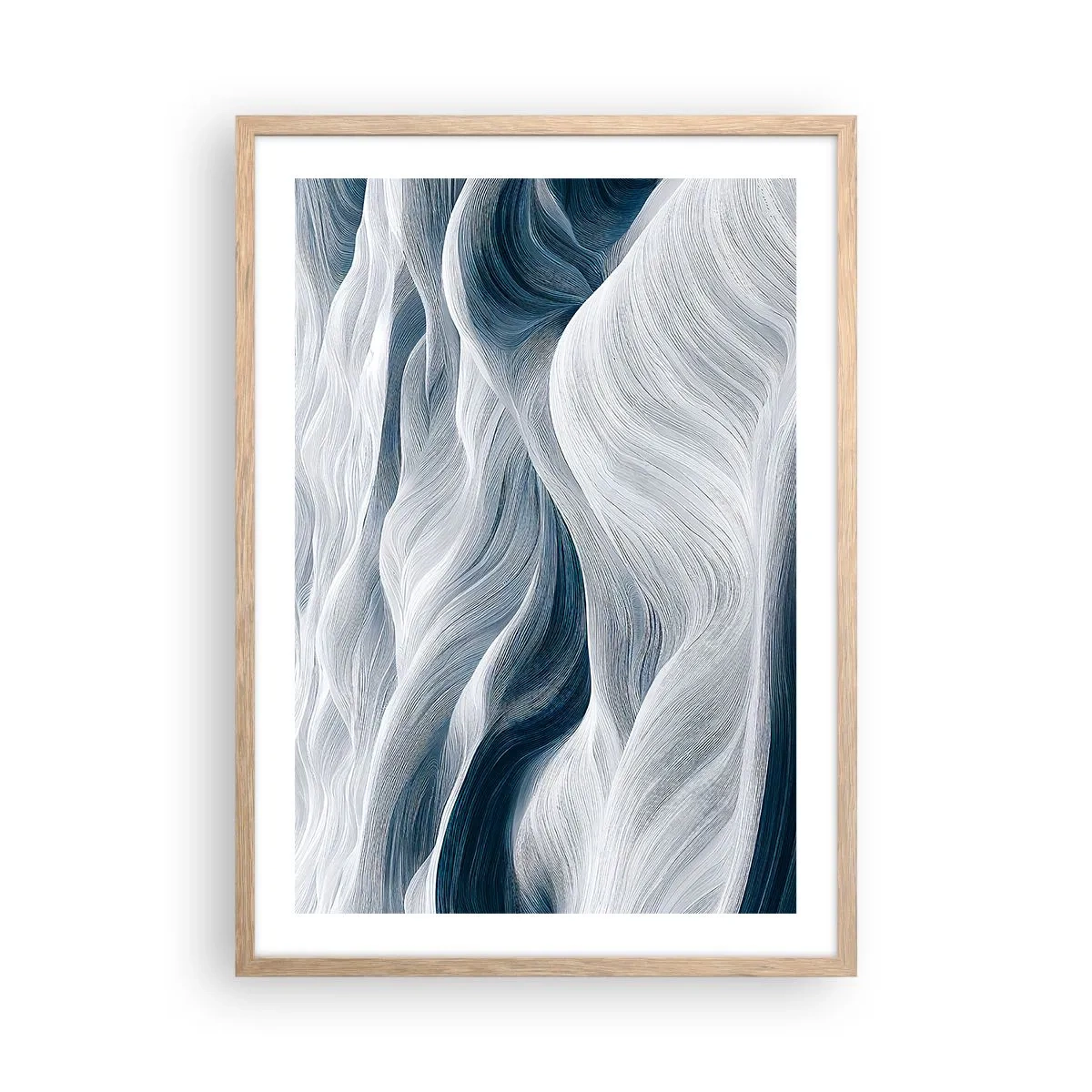 Affiche dans un chêne clair - Poster - Vagues blanches et bleues - 50x70 cm