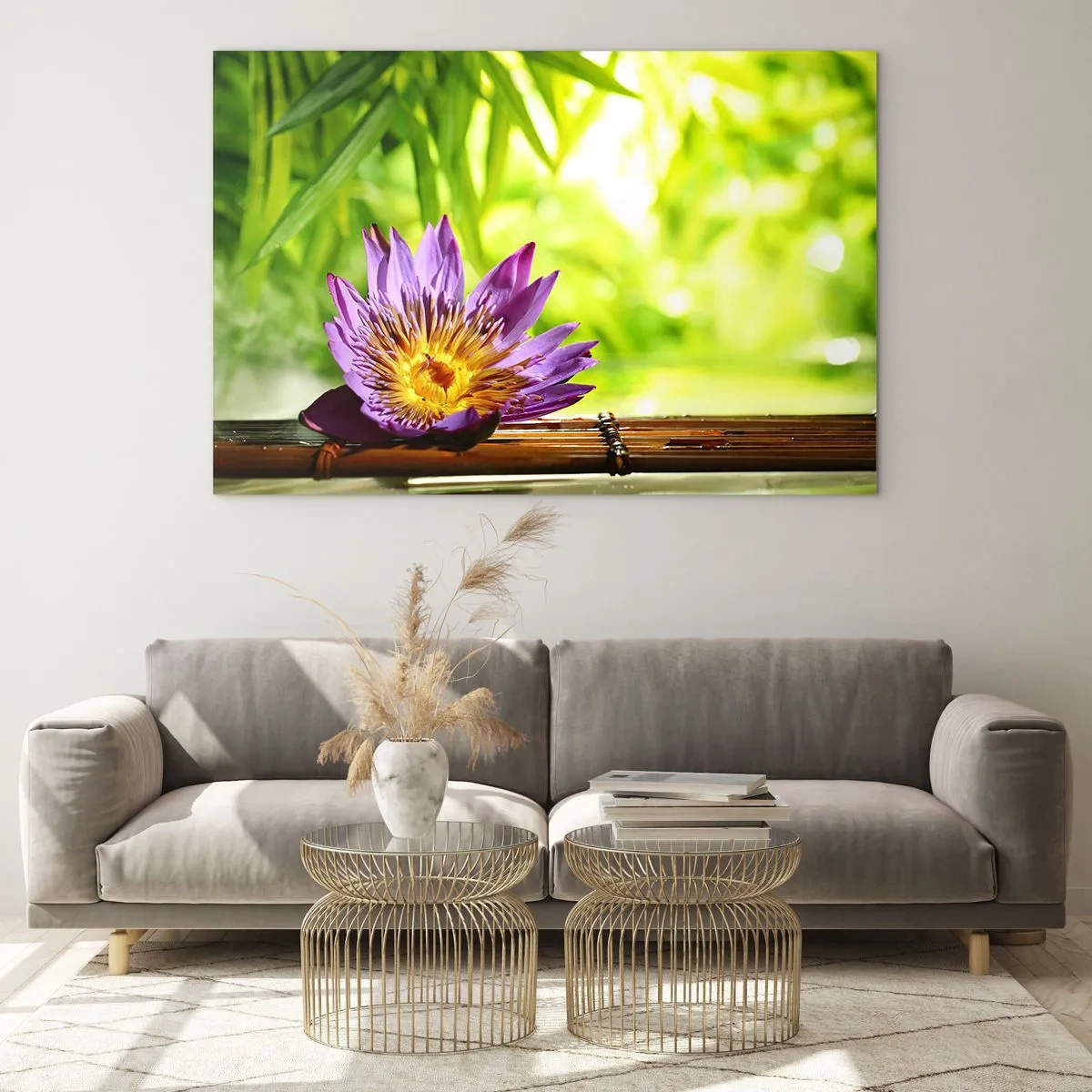 Impression sur verre - Image sur verre - Fleur de lotus violette sur une planche de bambou avec un fond vert - 70x50cm - Sous le soleil asiatique - Décoration murale moderne pour le salon et la chambre ARTTOR