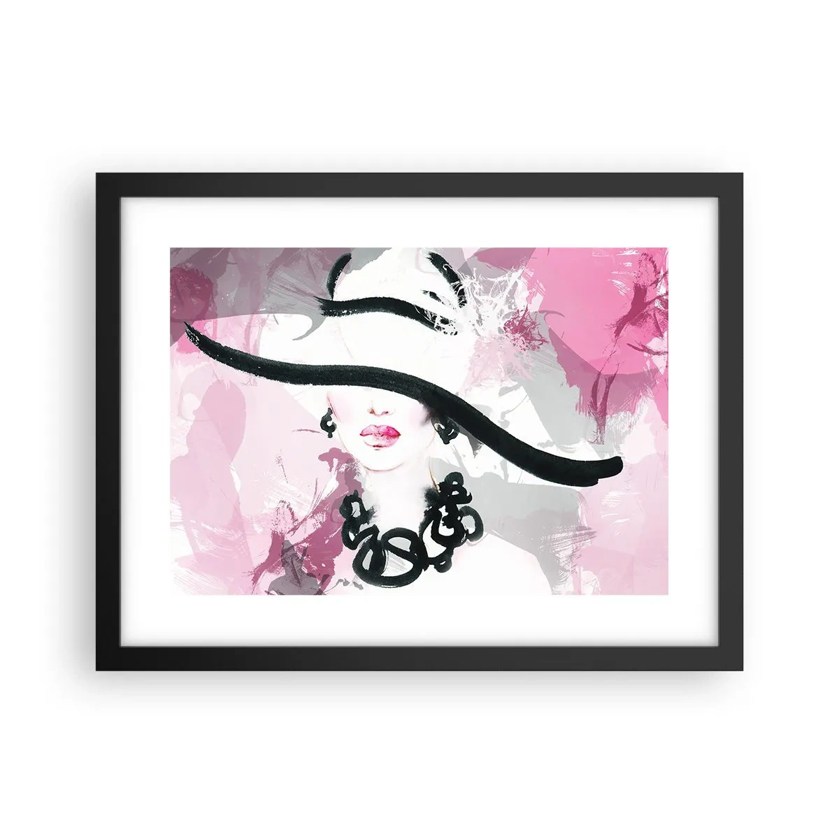 Affiche dans un cadre noir - Poster - Portrait d'une dame en noir et rose - 40x30 cm
