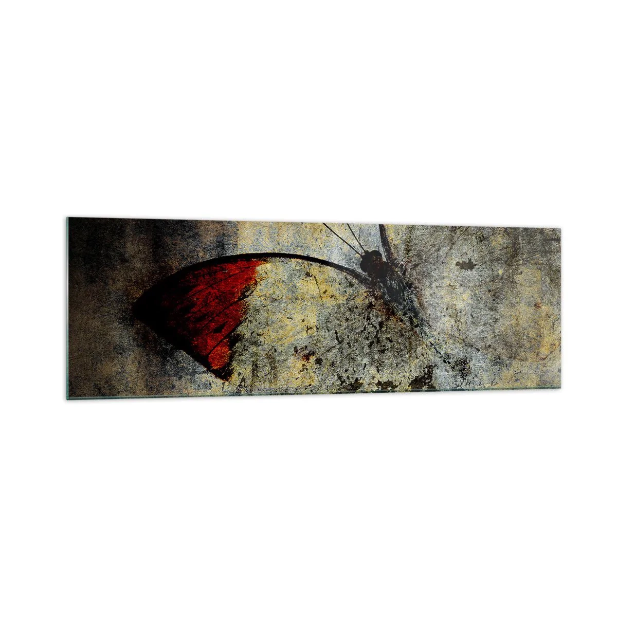 Impression sur verre - Image sur verre - Un papillon dans les tons de rouge et de gris sur un fond texturé - 160x50cm - Regarde avant que je disparaisse - Décoration murale moderne pour le salon et la chambre ARTTOR
