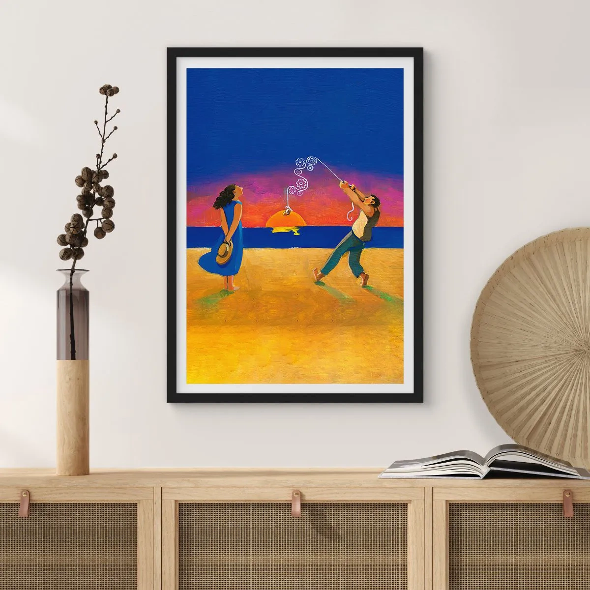 Affiche dans un cadre noir - Poster - Personnages sur la plage au coucher du soleil - 50x70cm - Plus qu'une étoile dans le ciel - Décoration murale moderne pour le salon et la chambre ARTTOR