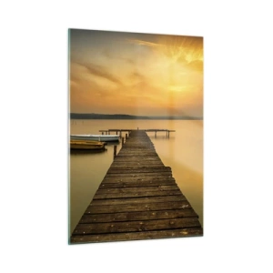 Impression sur verre - Image sur verre - Jetée sur le lac au coucher du soleil avec un bateau - 50x70cm - Je t'ouvrirai le ciel d'or - Décoration murale moderne pour le salon et la chambre ARTTOR
