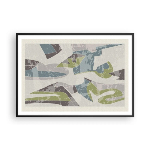 Affiche dans un cadre noir - Poster - Formes abstraites en vert et bleu sur fond clair - 100x70cm - Composition derrière la vitre - Décoration murale moderne pour le salon et la chambre ARTTOR