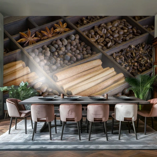Papier Peint Photo Standard Eco - Épices et café dans des compartiments en bois - 100x70cm - Trésor d'arômes - Décoration murale moderne pour le salon et la chambre ARTTOR