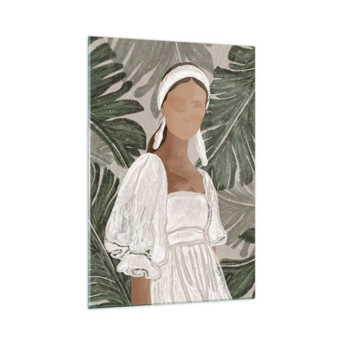 Impression sur verre - Image sur verre - Portrait d'une femme en robe blanche sur fond de feuilles de monstera - 70x100cm - Portrait exotique - Décoration murale moderne pour le salon et la chambre ARTTOR