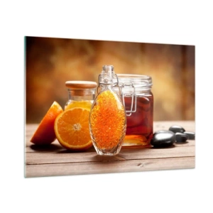 Impression sur verre - Image sur verre - Une bouteille d'huile et une orange sur une table en bois - 100x70cm - Saveurs et arômes ensoleillés - Décoration murale moderne pour le salon et la chambre ARTTOR