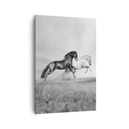 Impression sur toile - Image sur toile - Deux chevaux au galop dans une composition dynamique en noir et blanc - 70x100cm - Anges et démons - Décoration murale moderne pour le salon et la chambre ARTTOR