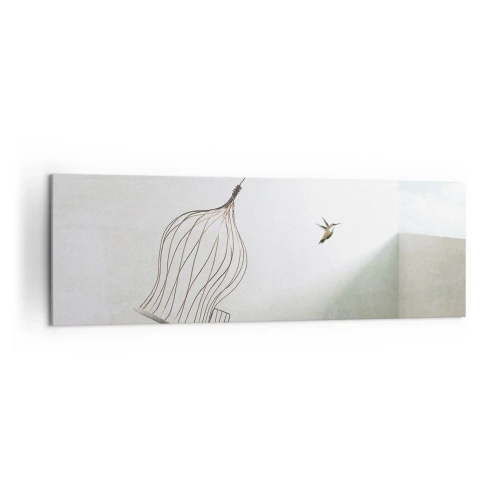 Impression sur toile - Image sur toile - Un oiseau libéré d'une cage sur fond de ciel lumineux - 160x50cm - Dans son élément - Décoration murale moderne pour le salon et la chambre ARTTOR