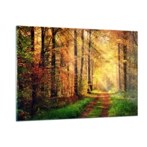 Impression sur verre - Image sur verre - Chemin d'automne dans la forêt avec les rayons du soleil - 120x80cm - Silence d'or en forêt - Décoration murale moderne pour le salon et la chambre ARTTOR
