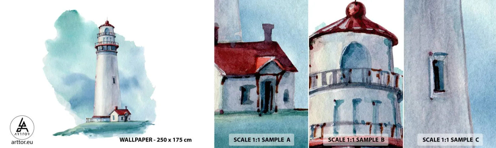 Échantillon De Papier Peint Standard Eco - La douce sœur du bleu - Phare, Bord de mer, Dessin - 100x30 cm