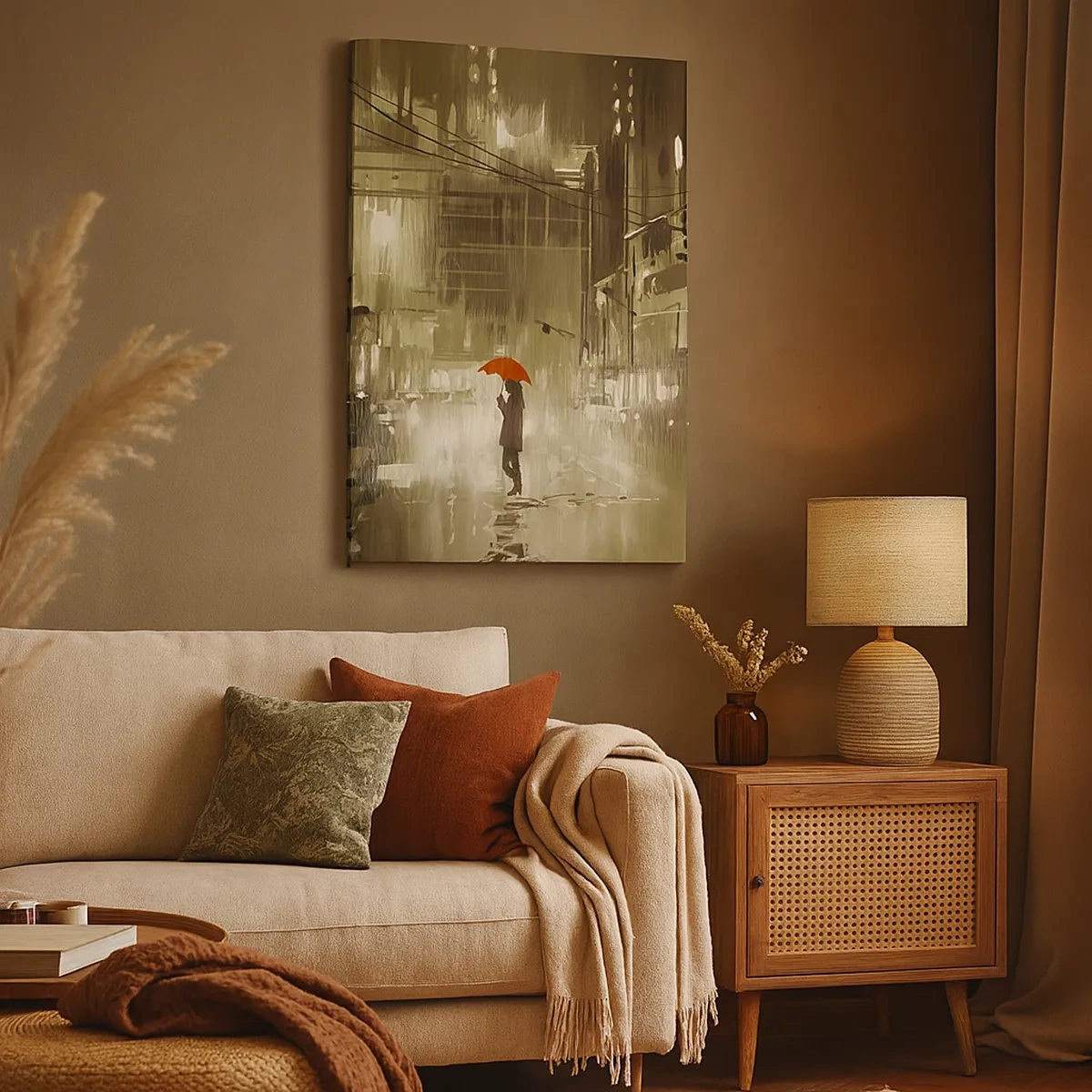 Impression sur toile - Image sur toile - Une silhouette avec un parapluie rouge dans une ville pluvieuse - 50x70cm - Seule mais pas solitaire - Décoration murale moderne pour le salon et la chambre ARTTOR