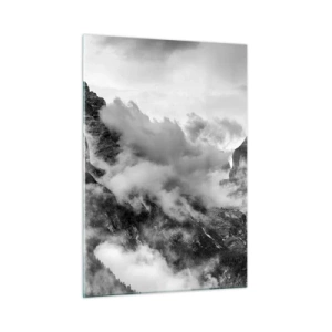 Impression sur verre - Image sur verre - Montagnes noires et blanches avec du brouillard dans les vallées - 50x70cm - Belle et cruelle - Décoration murale moderne pour le salon et la chambre ARTTOR