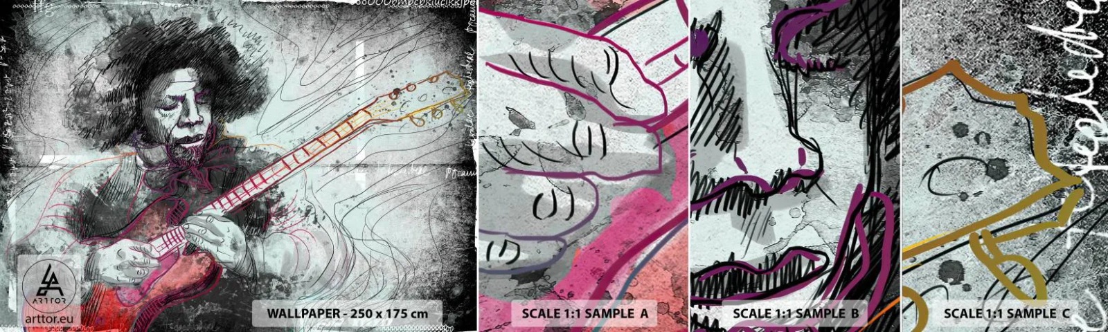 Échantillon de Papier Peint Autocollant Deluxe Sticker - Sur les vagues de la musique - Musique, Guitariste, Instrument - 100x30 cm