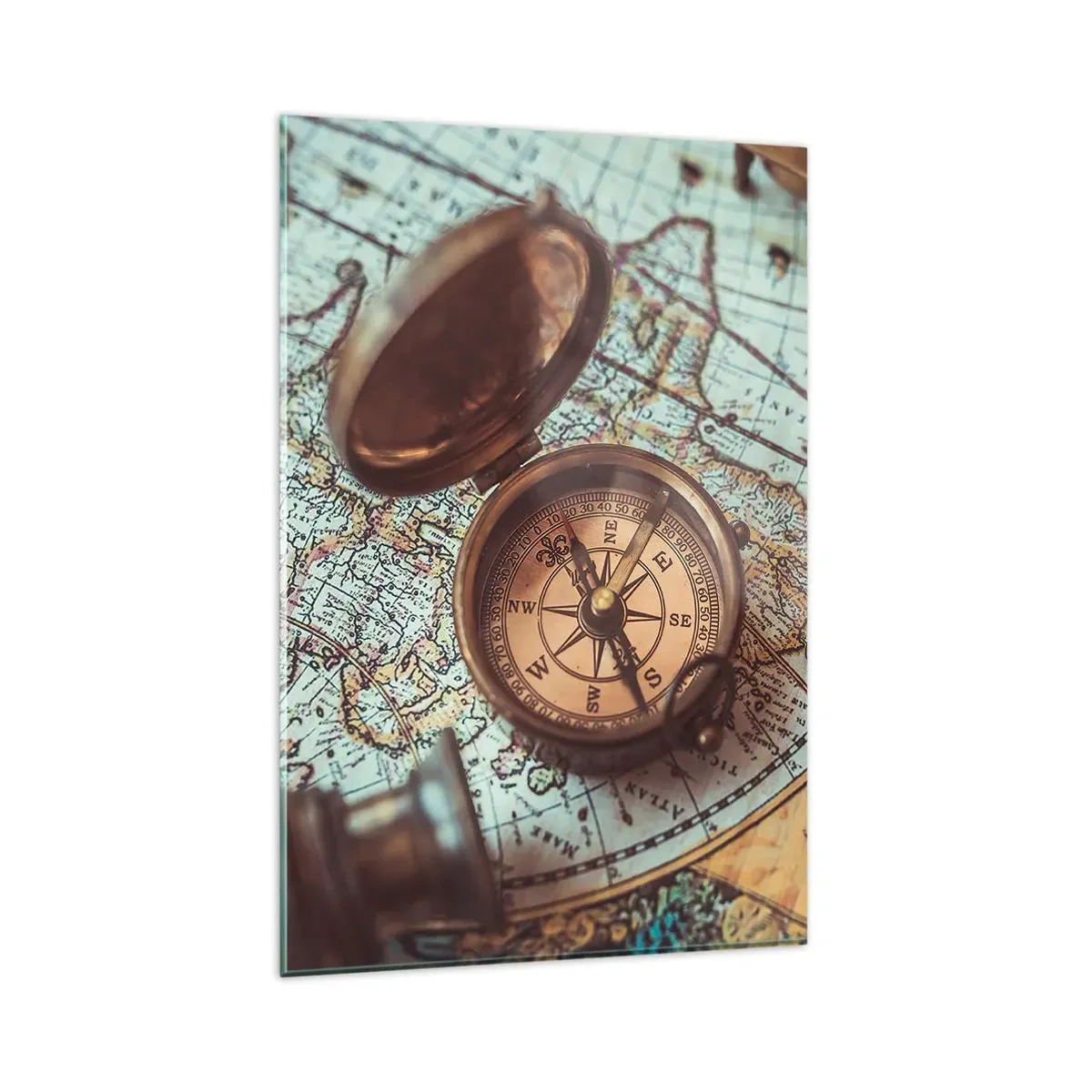 Impression sur verre - Image sur verre - Composition avec une boussole, des clés et une vieille carte dans un style rétro - 80x120cm - Pour ceux qui recherche l'aventure - Décoration murale moderne pour le salon et la chambre ARTTOR