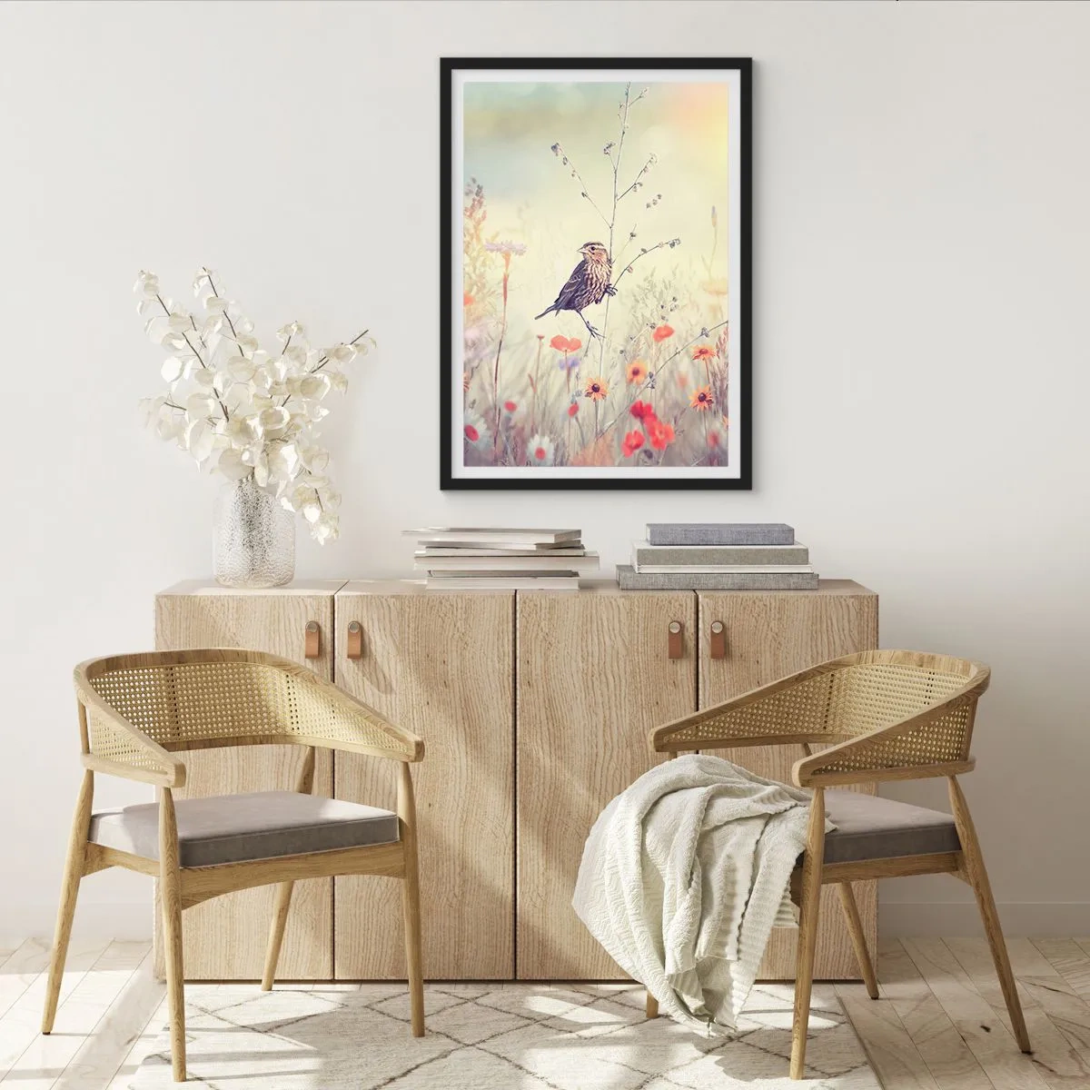 Affiche dans un cadre noir - Poster - Portrait d'oiseau sur pré en fond - 40x50 cm