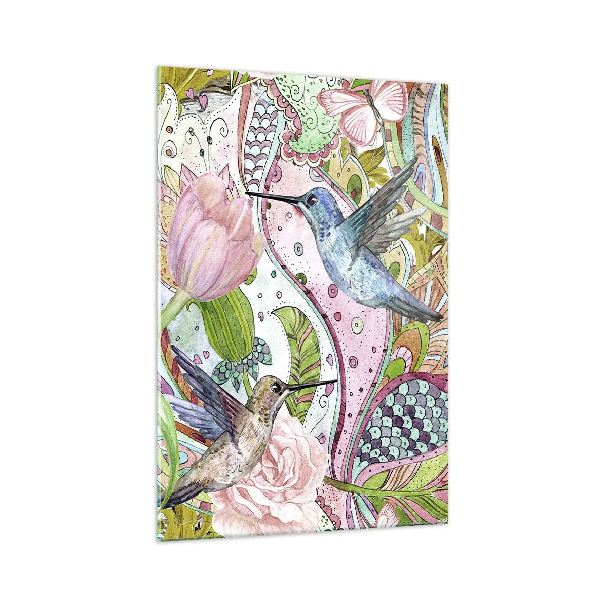 Impression sur verre - Image sur verre - Colibris et papillons colorés parmi les plantes - 70x100cm - Empêtré dans les vignes - Décoration murale moderne pour le salon et la chambre ARTTOR