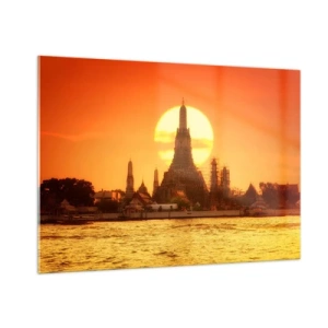 Impression sur verre - Image sur verre - Temple au coucher du soleil sur la rivière - 100x70cm - Vers le soleil, toujours vers le soleil - Décoration murale moderne pour le salon et la chambre ARTTOR