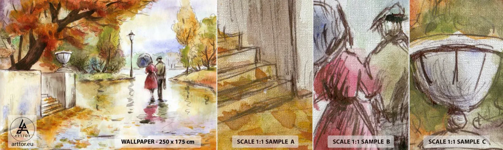 Échantillon de Papier Peint Premium Canvas - Automne romantique dans le parc - Ville, Personnes, Couple amoureux - 100x30 cm