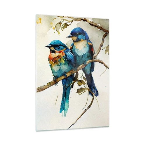 Impression sur verre - Image sur verre - Oiseaux colorés assis sur une branche à l'aquarelle - 50x70cm - A-t-il été offensé ? - Décoration murale moderne pour le salon et la chambre ARTTOR