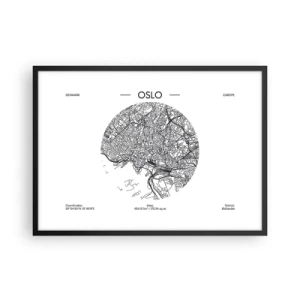 Affiche dans un cadre noir - Poster - Une carte d'Oslo dans un style minimaliste en noir et blanc. - 70x50cm - Anatomie d’Oslo - Décoration murale moderne pour le salon et la chambre ARTTOR