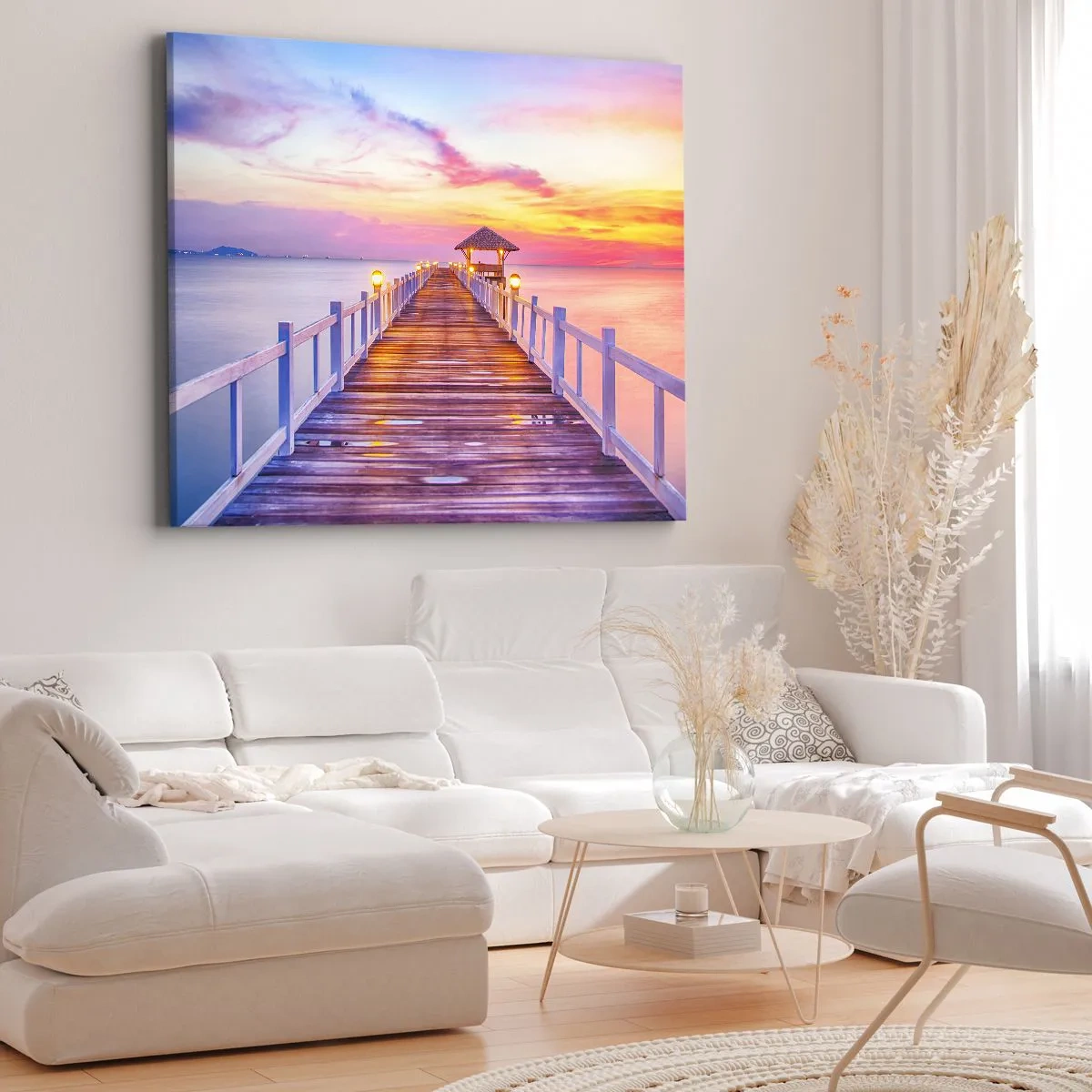 Impression sur toile - Image sur toile - Une jetée sur l'eau au coucher du soleil aux couleurs pastel - 100x70cm - Le silence lilas-doré du soir - Décoration murale moderne pour le salon et la chambre ARTTOR