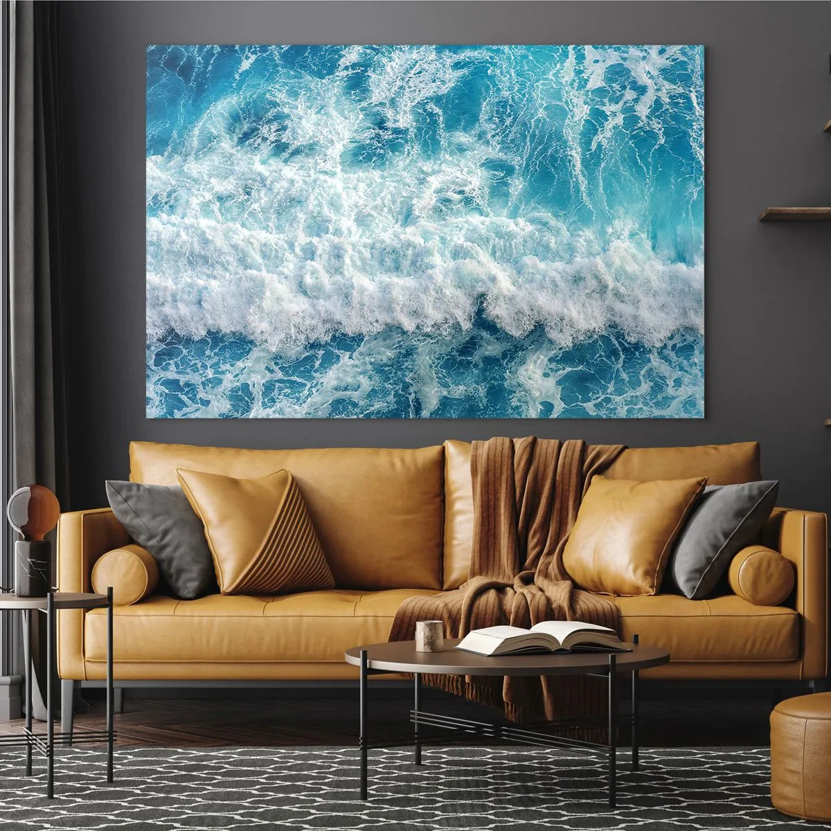 Impression sur verre - Image sur verre - Des vagues bleues s'écrasant sur le rivage - 120x80cm - Joyeusement et en sautant - Décoration murale moderne pour le salon et la chambre ARTTOR