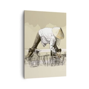 Impression sur toile - Image sur toile - Des agriculteurs travaillant dans une rizière portant des coiffures traditionnelles - 70x100cm - Récolte réussie - Décoration murale moderne pour le salon et la chambre ARTTOR