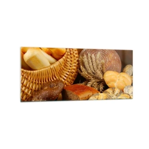 Impression sur verre - Image sur verre - Différents pains dans un panier en osier sur fond doré - 120x50cm - On s'en est encore sorti - Décoration murale moderne pour le salon et la chambre ARTTOR