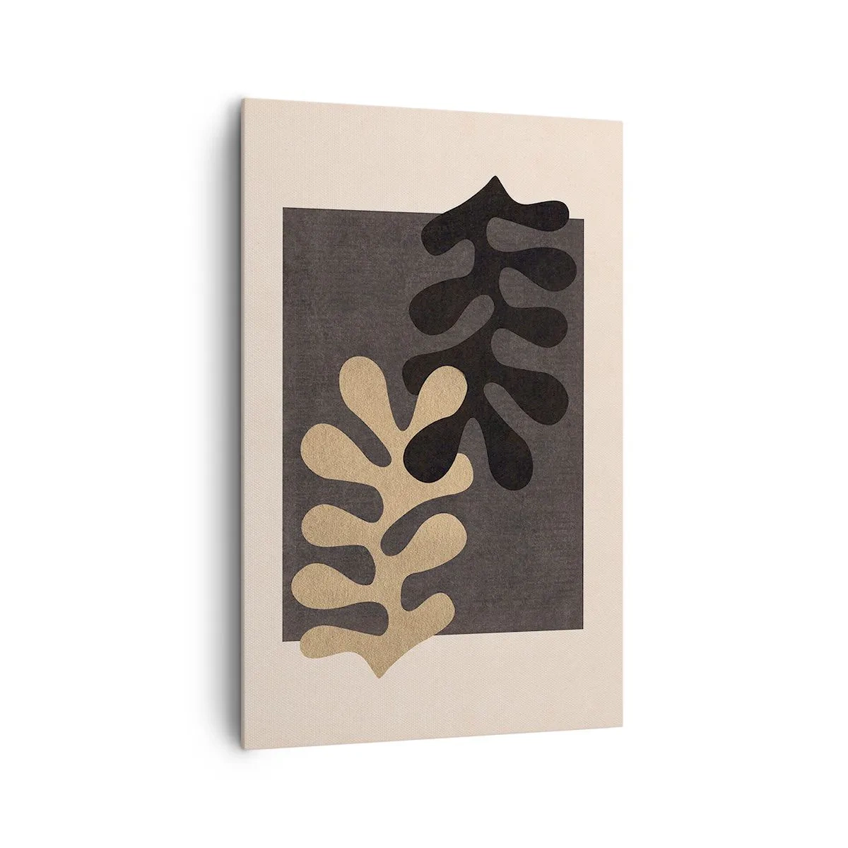 Impression sur toile - Image sur toile - Feuilles abstraites en noir et beige sur un fond rectangulaire - 80x120cm - Absence et complément - Décoration murale moderne pour le salon et la chambre ARTTOR