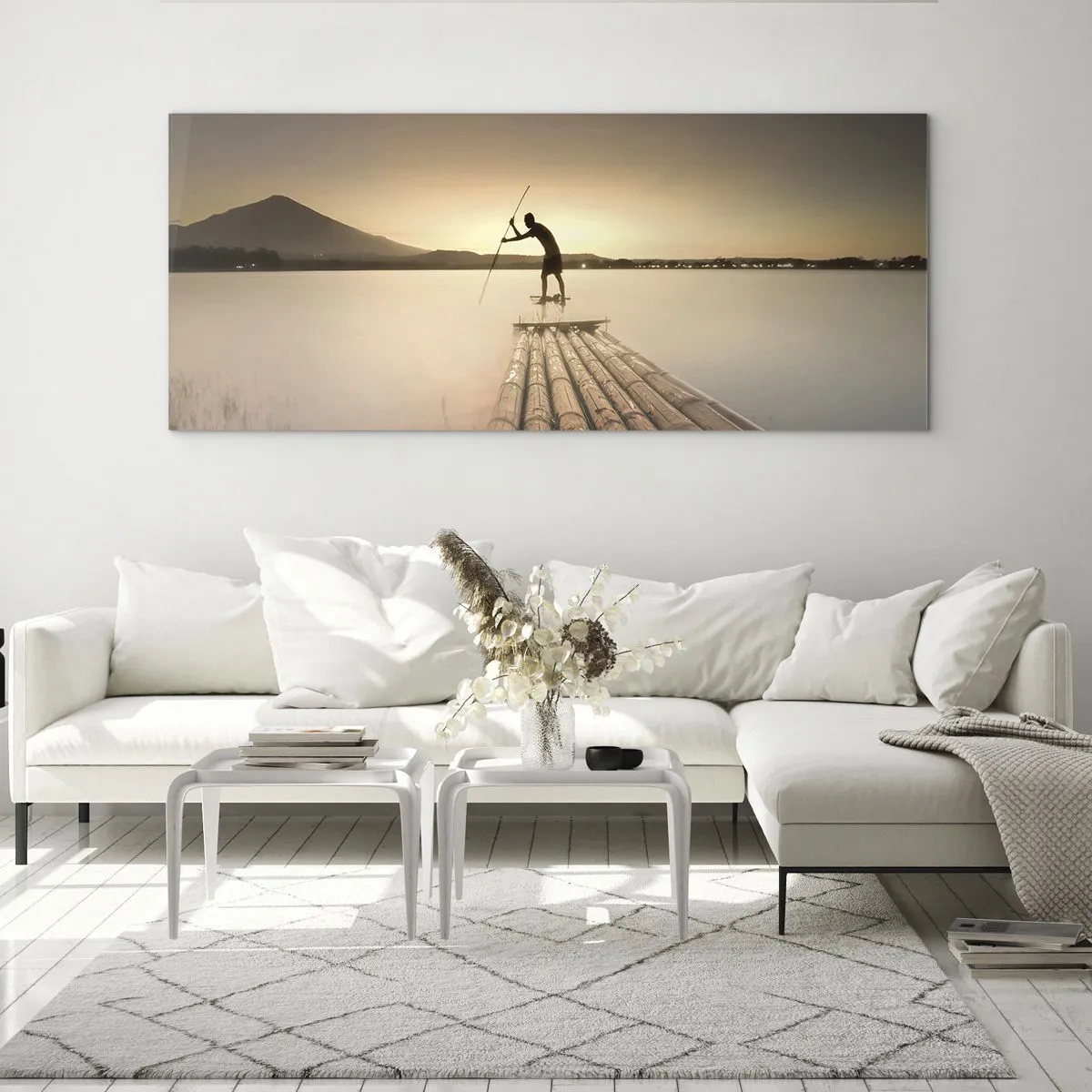 Impression sur verre - Image sur verre - Homme sur un radeau au coucher du soleil - 160x50cm - Avant la fin du jour - Décoration murale moderne pour le salon et la chambre ARTTOR