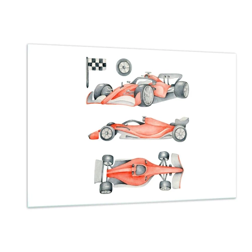 Impression sur verre - Image sur verre - Illustration en trois plans d'une voiture de course rouge avec un drapeau de course - 120x80cm - poursuis ton rêve - Décoration murale moderne pour le salon et la chambre ARTTOR