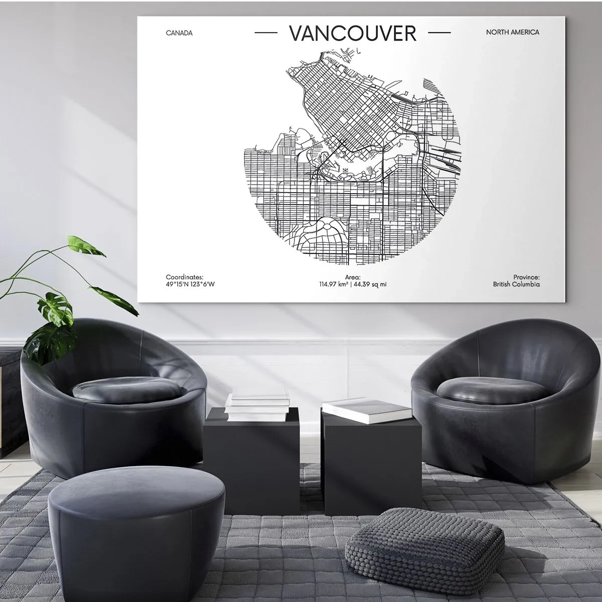 Impression sur verre - Image sur verre - Carte routière en noir et blanc de Vancouver - 70x50cm - Anatomie de Vancouver - Décoration murale moderne pour le salon et la chambre ARTTOR