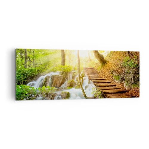 Impression sur toile - Image sur toile - Chemin forestier avec escaliers en bois près de la cascade - 140x50cm - Une fraîcheur tant désirée - Décoration murale moderne pour le salon et la chambre ARTTOR