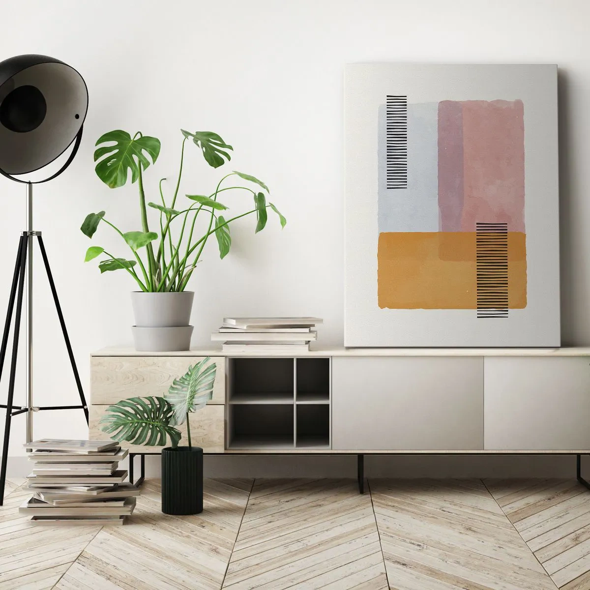Impression sur toile - Image sur toile - Géométrie aux couleurs pastel avec des lignes sur fond clair - 50x70cm - D'un coin à l'autre - Décoration murale moderne pour le salon et la chambre ARTTOR