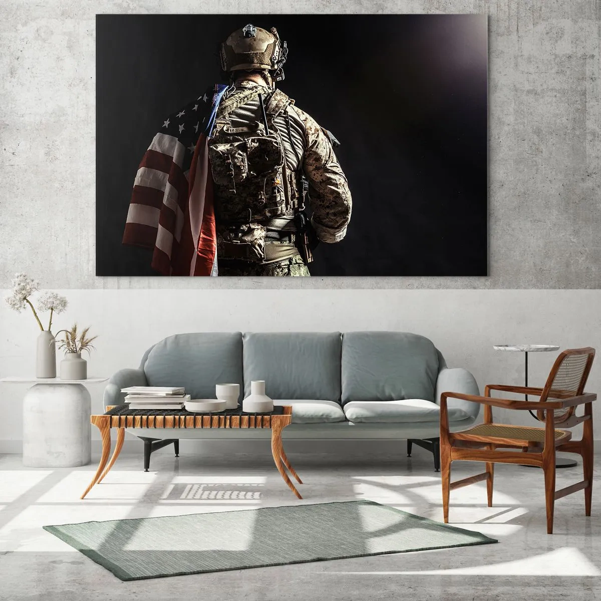 Impression sur verre - Image sur verre - Un soldat avec un drapeau américain sur un fond sombre - 70x50cm - C'est exactement pour ça - Décoration murale moderne pour le salon et la chambre ARTTOR