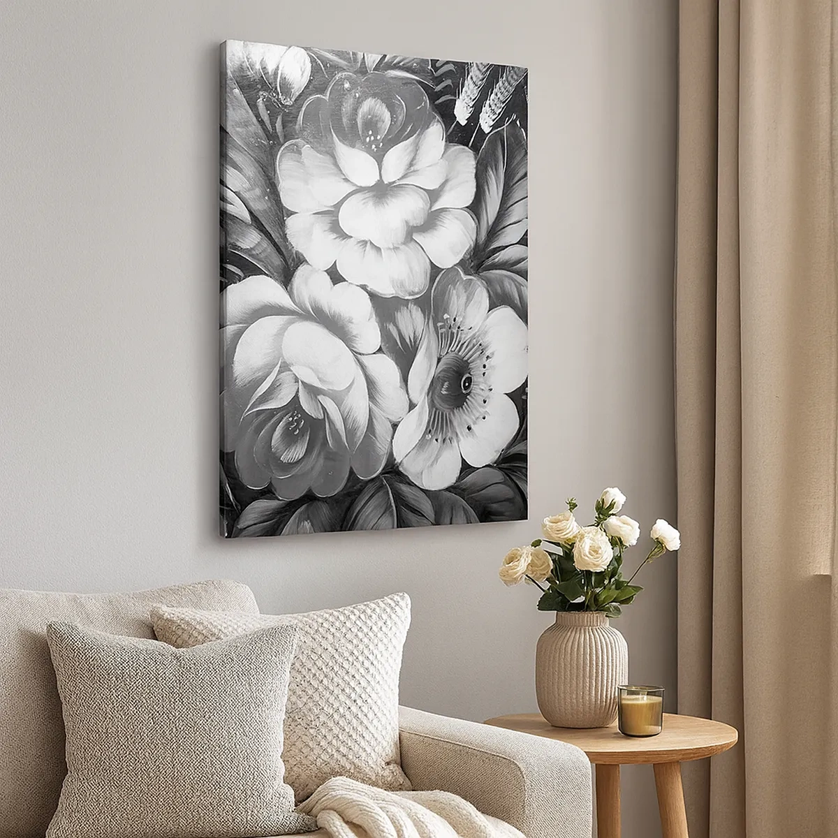 Impression sur toile - Image sur toile - Fleurs noires et blanches dans une composition classique et élégante - 50x70cm - Belle même en gris - Décoration murale moderne pour le salon et la chambre ARTTOR