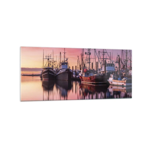 Impression sur verre - Image sur verre - Bateaux de pêche dans le port au coucher du soleil - 120x50cm - Avant le jour suivant - Décoration murale moderne pour le salon et la chambre ARTTOR