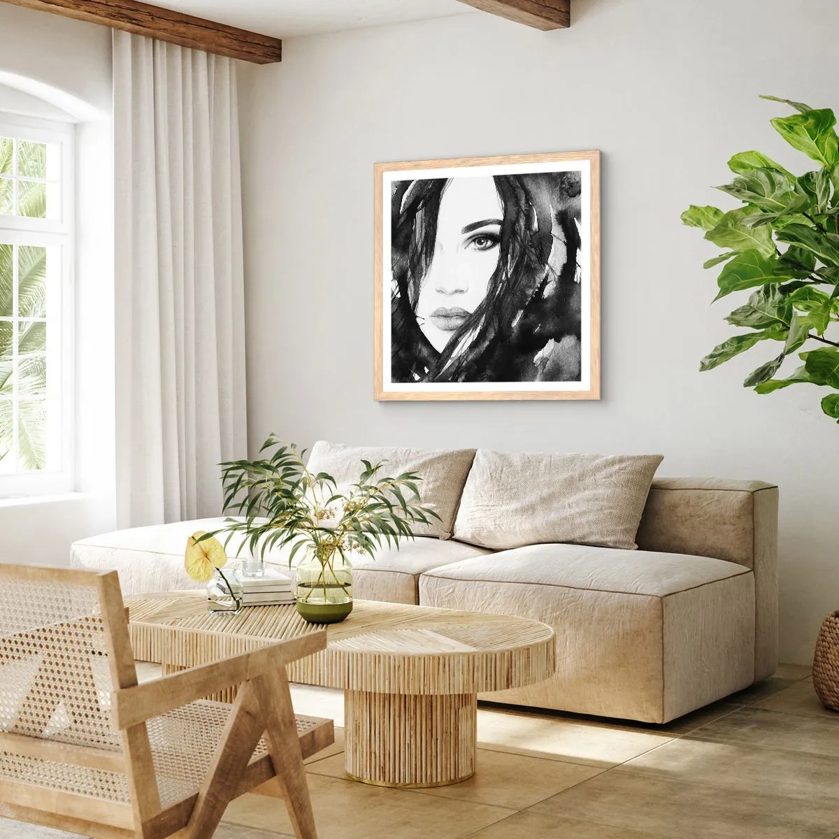 Affiche dans un chêne clair - Poster - Portrait d'une dame en noir et blanc - 40x40 cm